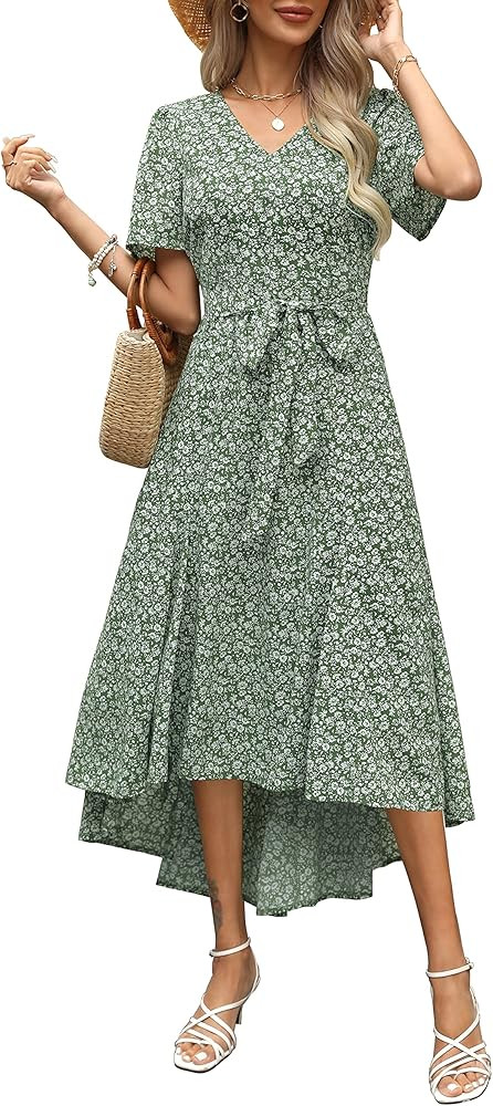 Ellakoko 2023 Womens Casual Summer High Low Dress Short Sleeve V Neck Tie Waist Ruffle Boho Flora... | Amazon (US)