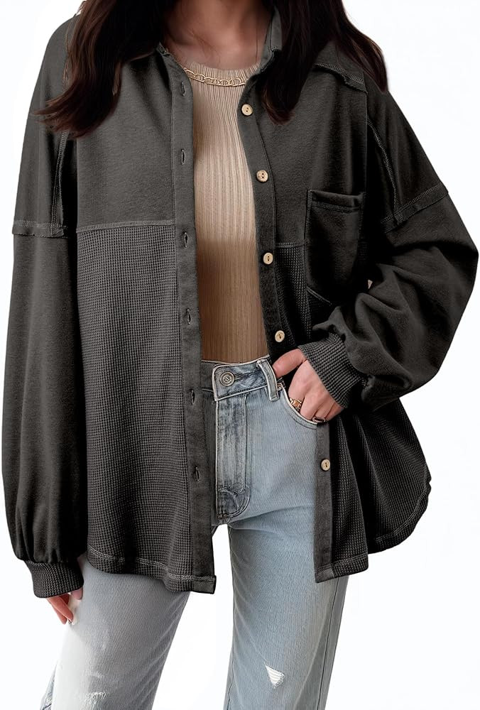 SHEWIN Womens Waffle Knit Shackets Fall Fashion Button Down Shirt Jacket Loose Long Sleeve Tops W... | Amazon (US)