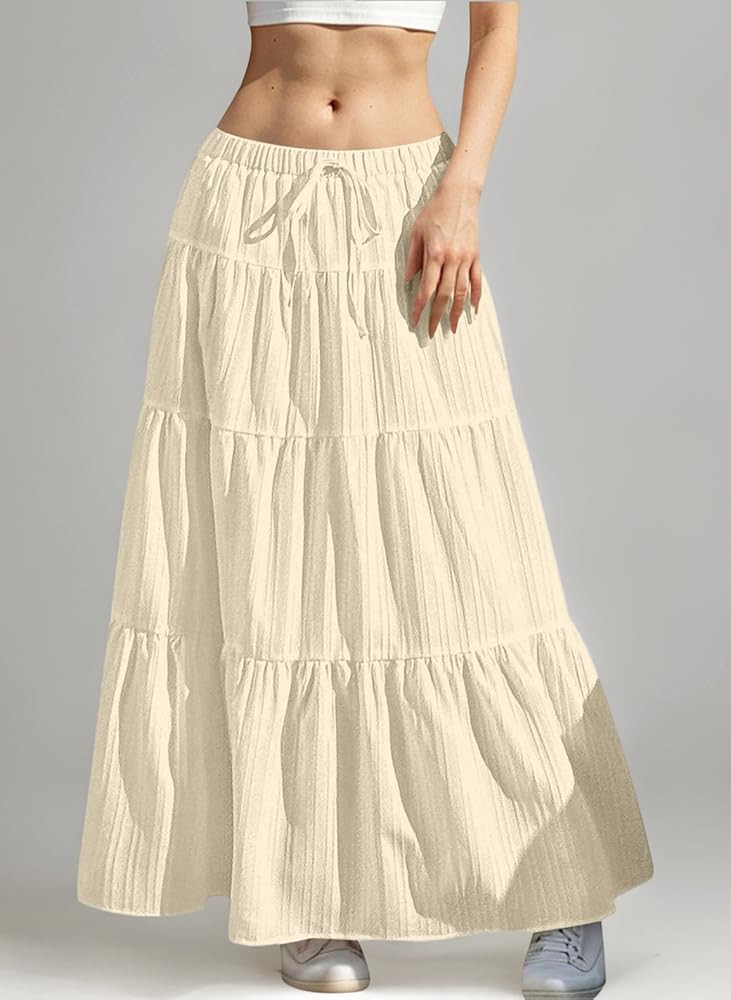 Rock Damen Lang Elegant Röcke Hohe Taille Maxirock mit Kordelzug Einfarbig Sommerrock Casual A-L... | Amazon (DE)