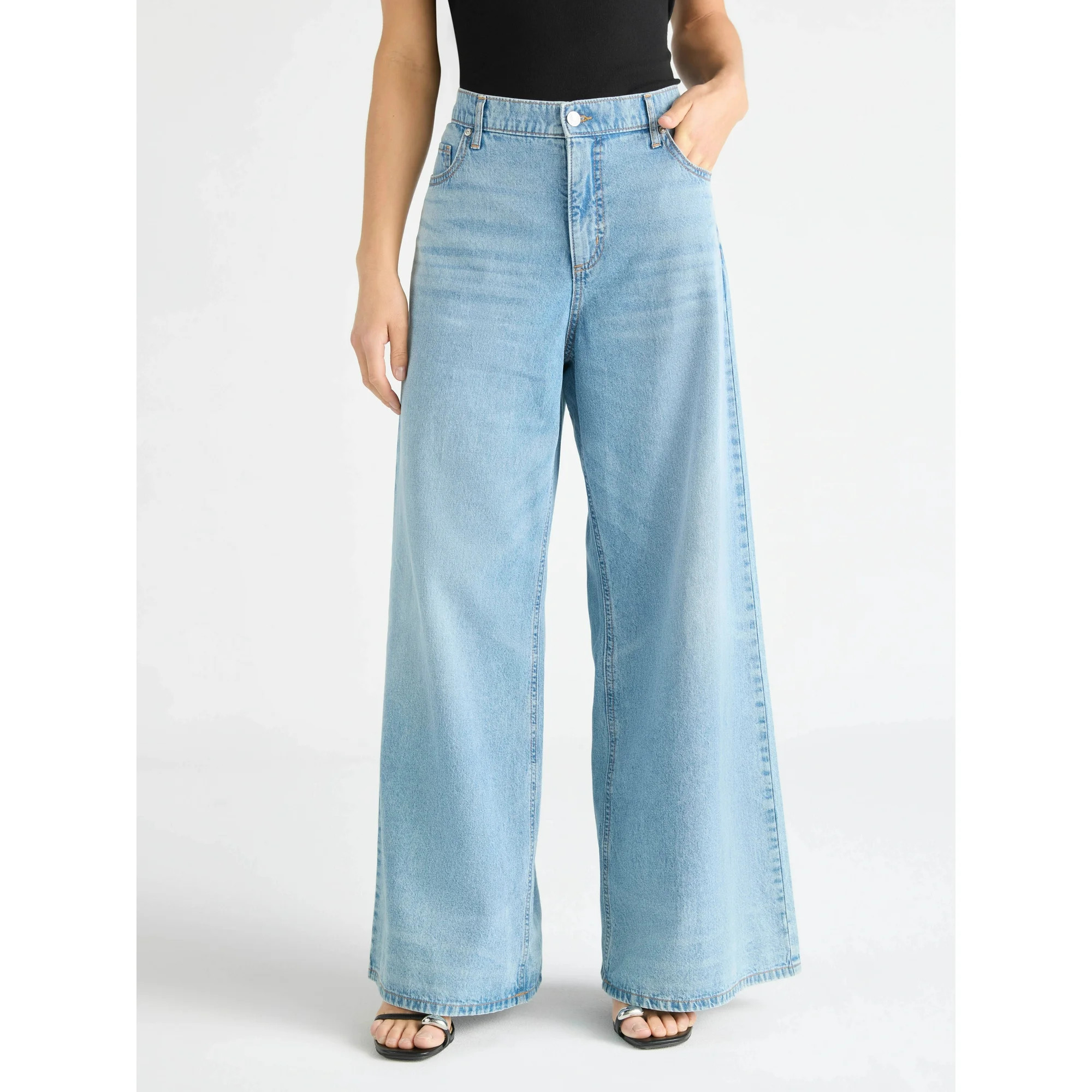 Scoop Women's and Women’s Plus High Rise Baggy Wide Leg Jeans, Sizes 0-28W, Short & Long Length... | Walmart (US)