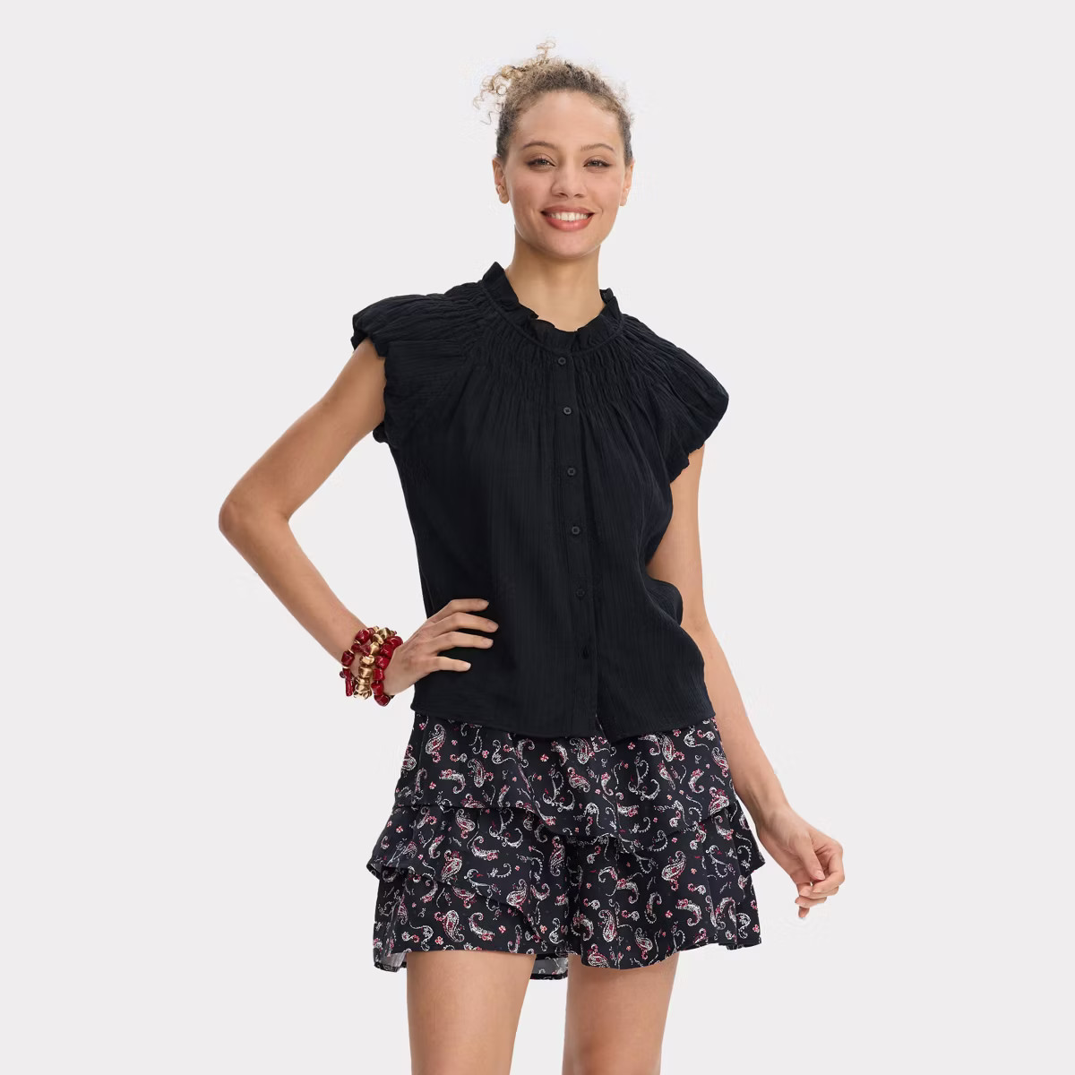 Women Smocked Puff Short Sleeve Button-Front Blouse - Universal Thread™ Black XS | Target