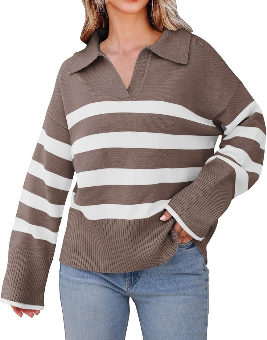 LILLUSORY Fall Womens Striped Fashion 2023 Sweaters Collared Oversized Outfits Knit Pullover Tuni... | Amazon (US)