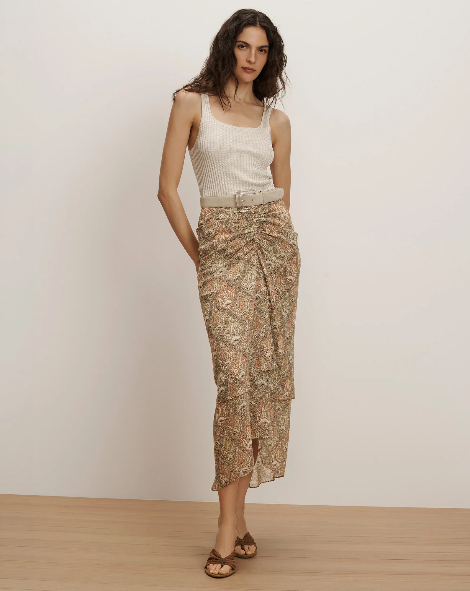 Veronica Beard Sira Silk Midi Skirt Stone Khaki Multi | Veronica Beard