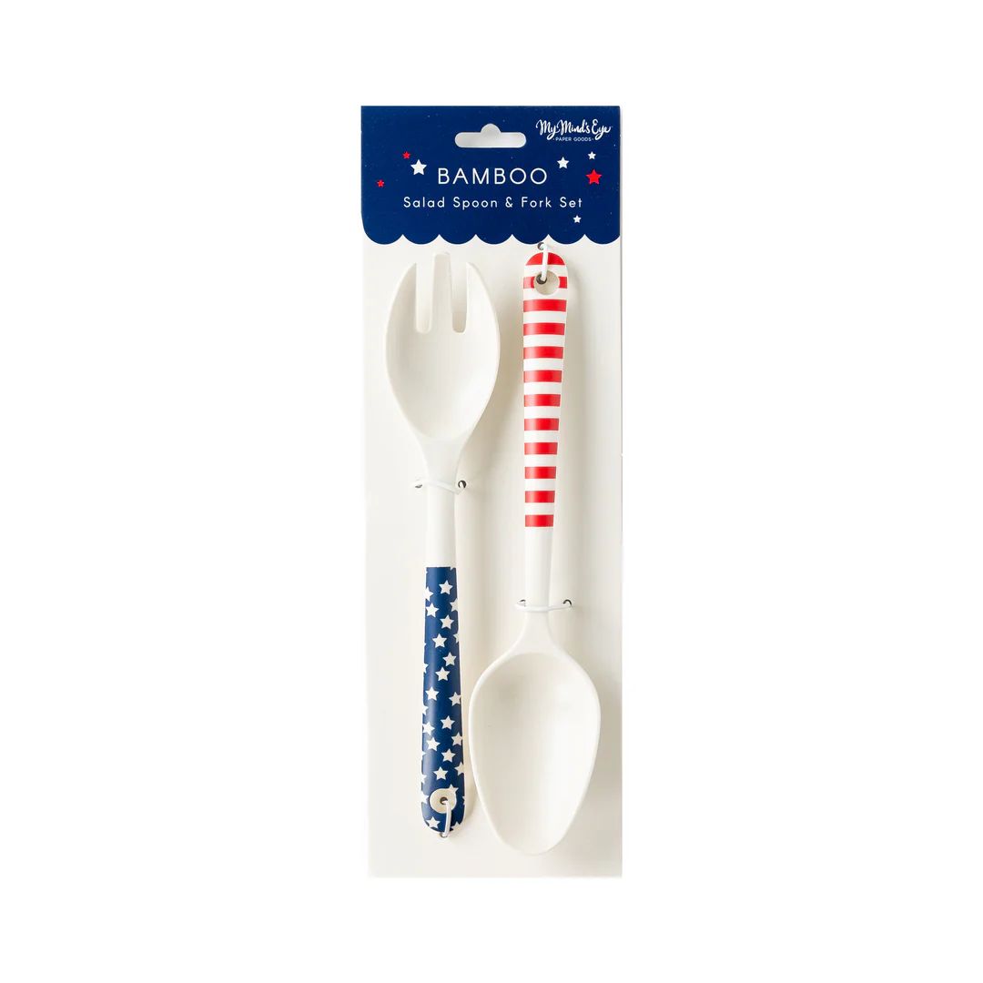 Stars and Stripes Salad Spoon and Fork Reusable Bamboo Serving-ware | My Mind's Eye