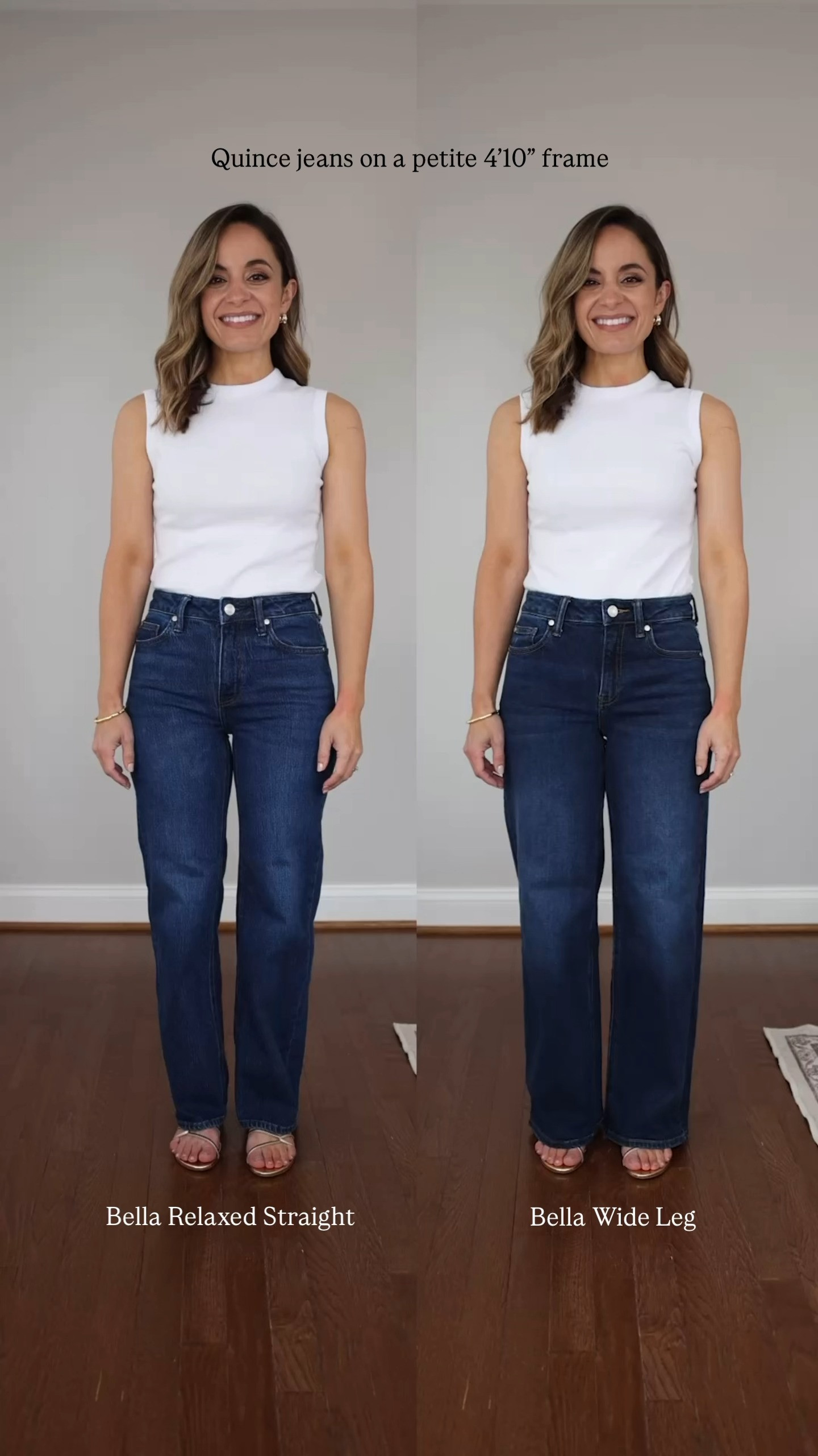 A side-by-side look at two of my favorite denim styles from Quince! 

I love both of these; there isn't one that is better than the other to me. Sharing so you can see the difference in fit if you're considering both. 

Bella Relaxed Straight: 24 Short in Stormy Blue | 10" rise | 28" inseam | pair shown has shrunk slightly in the wash so they are 1/2" shorter than they come from the store and a little more snug on me than they are on first try.

Bella Wide Leg: 24 Short in Midnight blue | 10" rise | 28" inseam | true to size 

Tank Top (Madewell): XXS

Sandals (Sam Edelman): true to size 

For size comparison: I'm 4'10" with a 25" ankle inseam (27-28" for full length). My measurements are 32", 24", 36". I typically wear petite 00/24/xxs 

 #LTKPetite