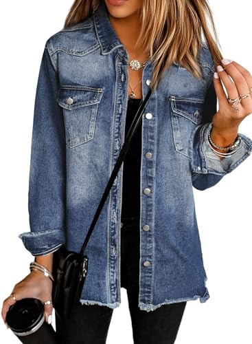 Womens Oversized Button Down Frayed Hem Denim Shacket Casual Long Sleeve Jean Jackets 2026 Spring... | Amazon (US)