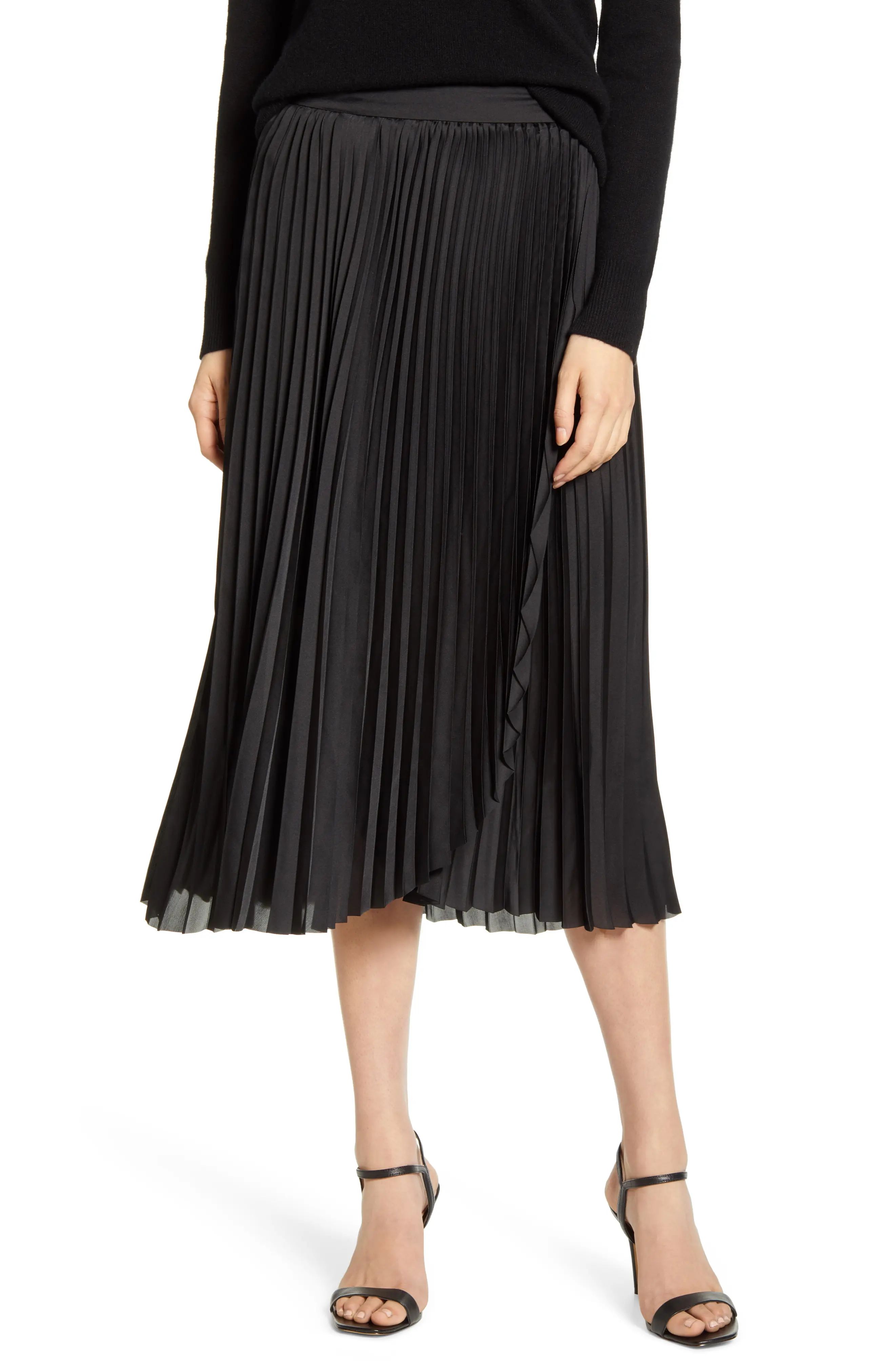 Women's Chelsea28 Pleat Midi Skirt, Size Large - Black | Nordstrom