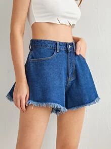 High Waist Raw Hem Wide Leg Denim Shorts | SHEIN