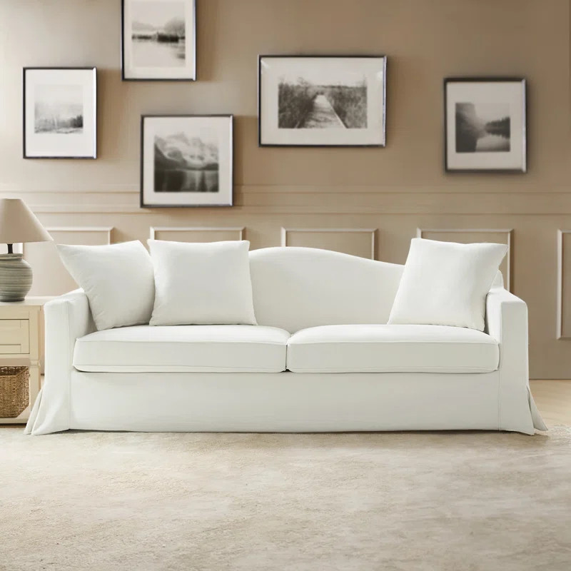 Zalma Transitional 83" Curved Back Slipcovered Sofa with Toss Pillows | Wayfair North America