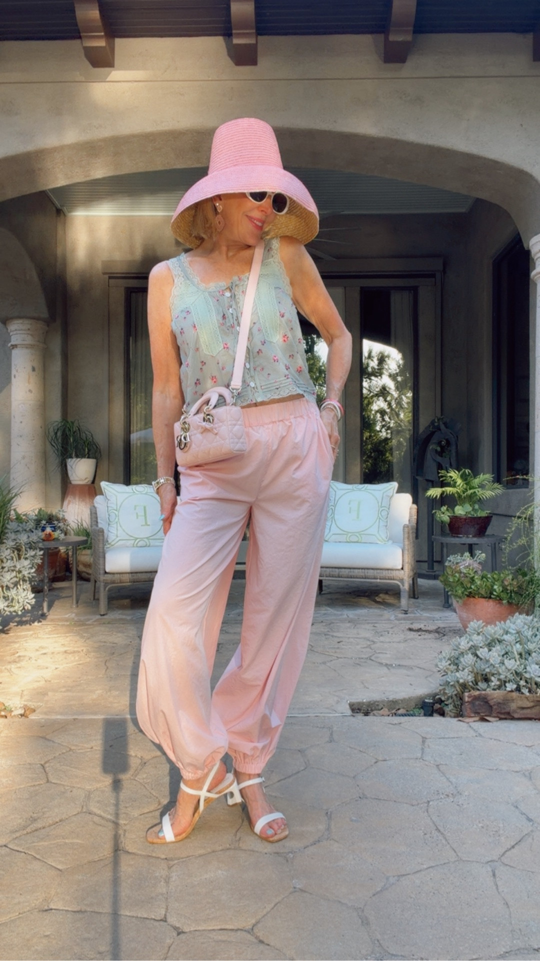Pink Meryl balloon trousers. True to size. I am wearing a size small in both pants and tops. 
Pink Dior mini bag
Madame mink pink hat
White raffia hat
Donald Pliner white sandals
Lingerie style sleeveless tops


White large woven tote bag

#LTKOver40 #LTKgrwm #LTKSaleAlert