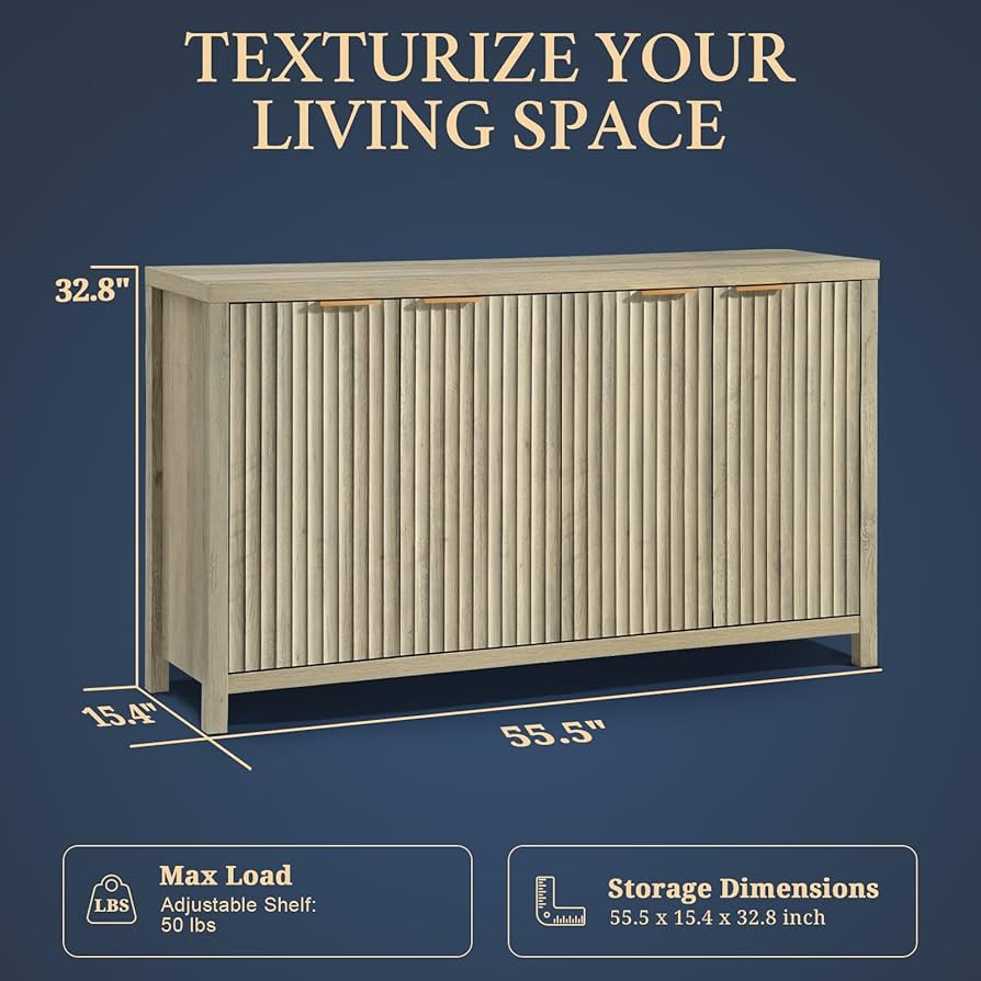 Oxford Fluted Storage Cabinet Sideboard Large Buffet with Adjustable Shelves, Multifunctional Acc... | Amazon (US)