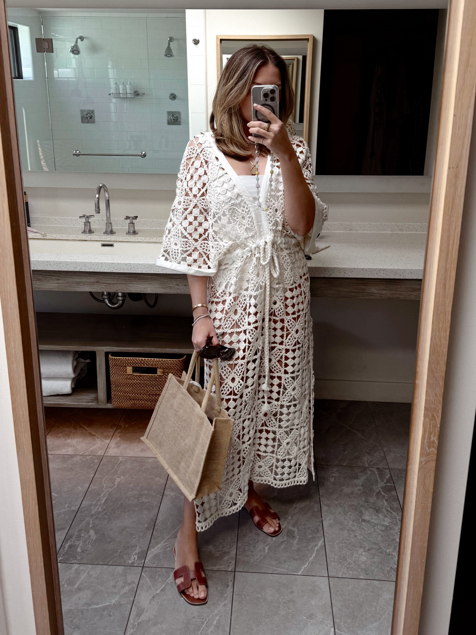 Stylest swimsuit (size up — I’m in med) and Crochet coverup dress (one size but fits a bit oversized) 