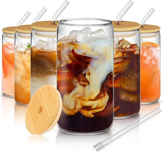 Finew Glass Cups, Christmas Gifts For Women, 6PCS 16OZ Drinking Glasses With Bamboo Lids and Stra... | Amazon (US)