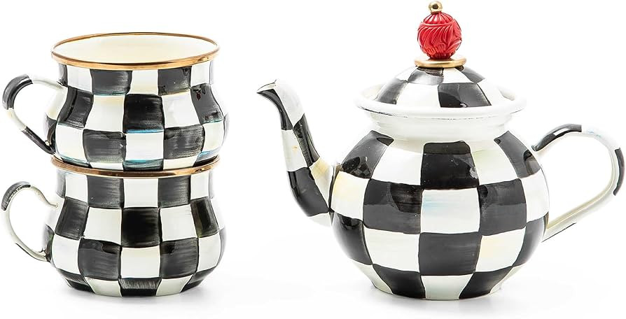 MacKenzie-Childs Courtly Check Enamel Tea Party Set, Unique Teapot and Teacups, Tea Accessories S... | Amazon (US)