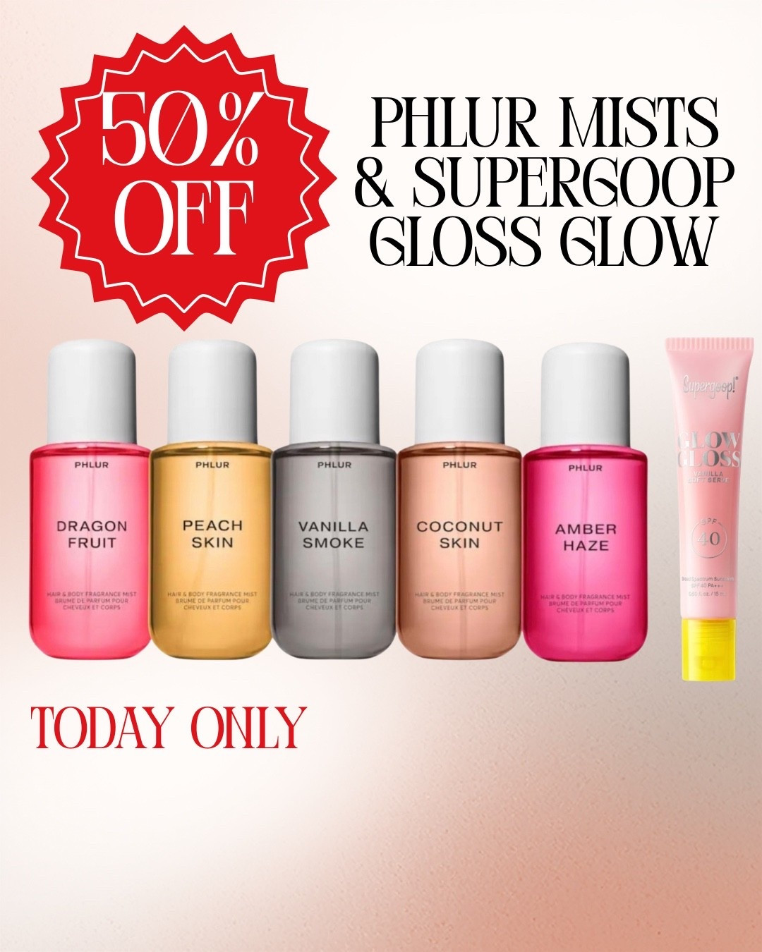 50% off hour mists and supergoop gloss glow. Today only! Login for free shipping 

#LTKSaleAlert