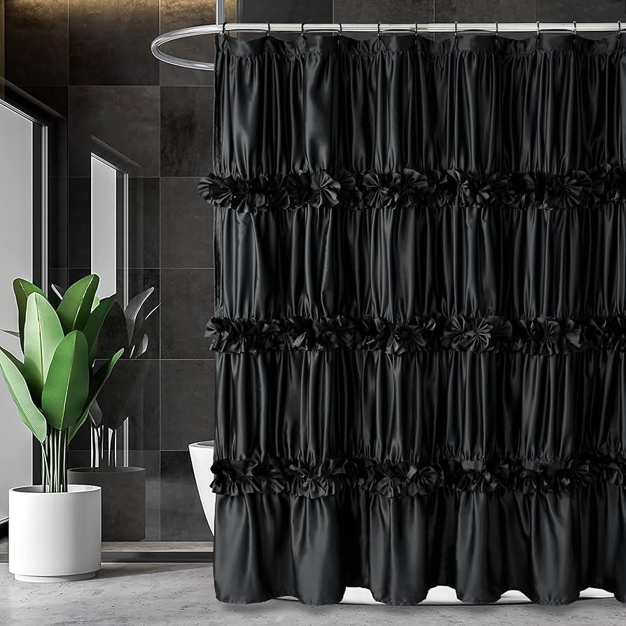 Black Ruffle Shower Curtain, Vintage Handcrafted Bow Tie Bath Curtain for Master Bathroom, Ruched... | Amazon (US)