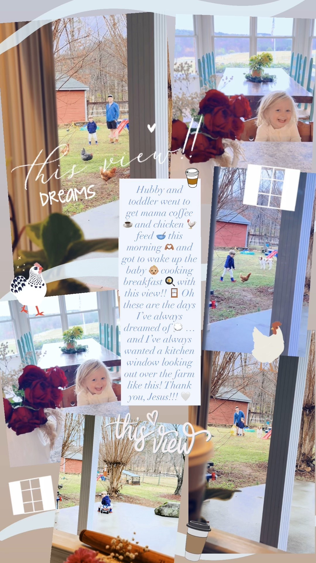 Hubby and toddler went to get mama coffee ☕️ and chicken 🐓 feed 🥣 this morning 🫶🏽 and got to wake up the baby 👶🏼 cooking breakfast 🍳 with this view!! 🪟 Oh these are the days I’ve always dreamed of 💭 … and I’ve always wanted a kitchen window looking out over the farm like this! Thank you, Jesus!!! 🤍 