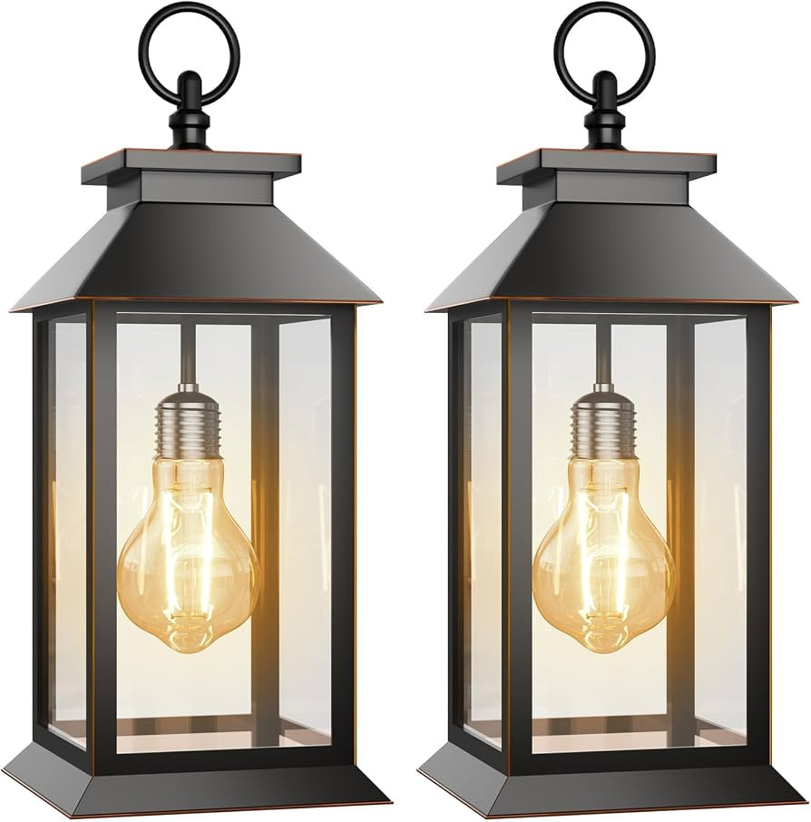 2 Pack Solar Lanterns Outdoor, Hanging Glass Solar Lights Waterproof, Dual Power Solar & 2*AA Bat... | Amazon (US)
