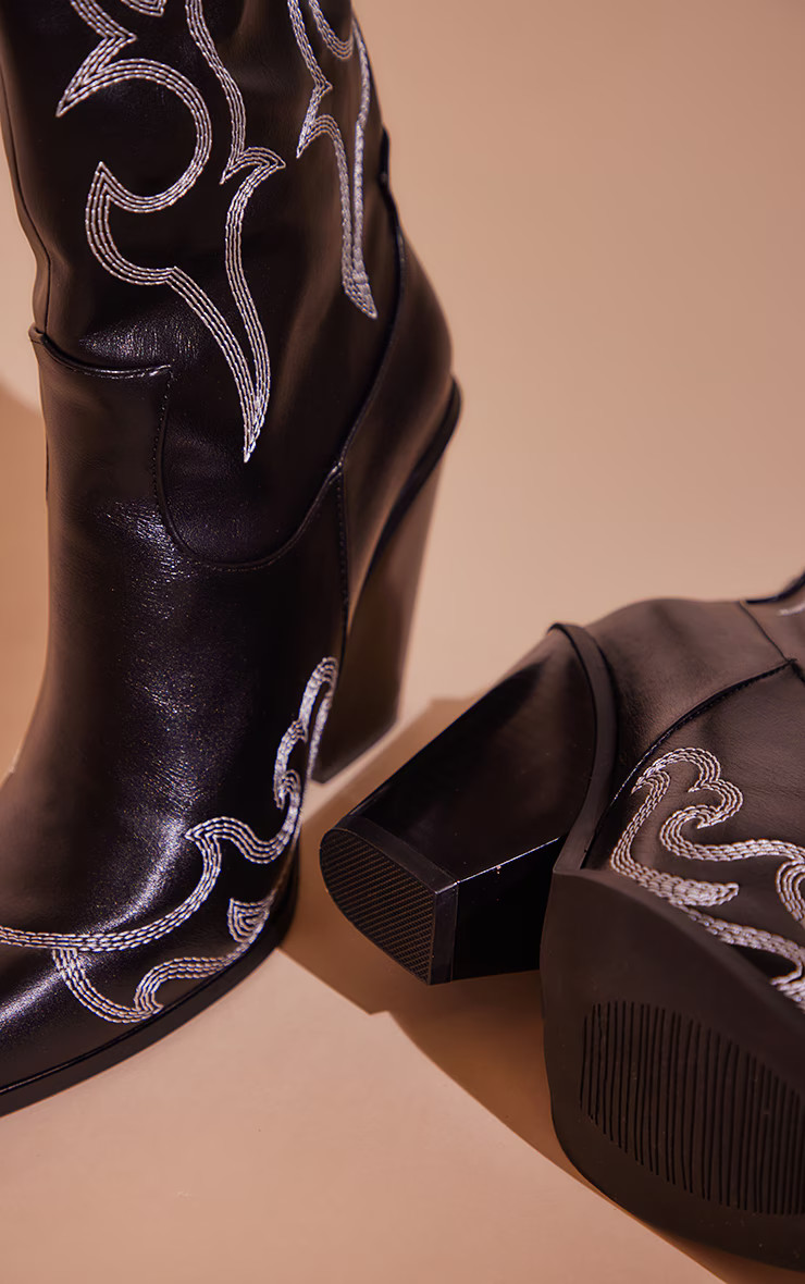 Black Faux Leather Contrast Stitch Detail Western Ankle Boots | PrettyLittleThing US