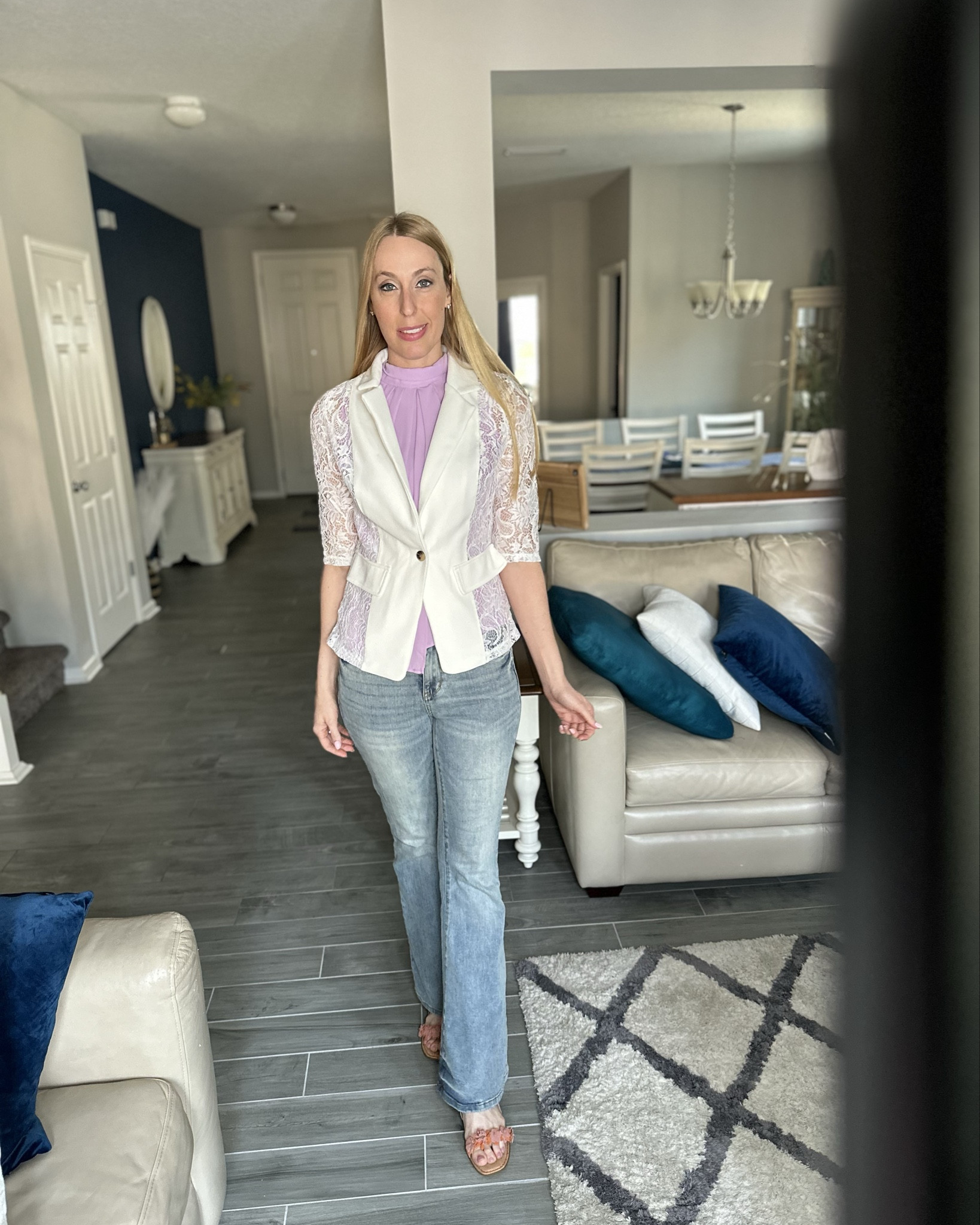 Adorable white lace blazer 
🤍  this is so cute. I love the lace on it and it is so easy to dress up any outfit with it 
🤍it does have some stretch to it
🤍 fits true to size, wearing size small and I am 5’10”

#LTKStyleTip #LTKFindsUnder50 #LTKWorkwear