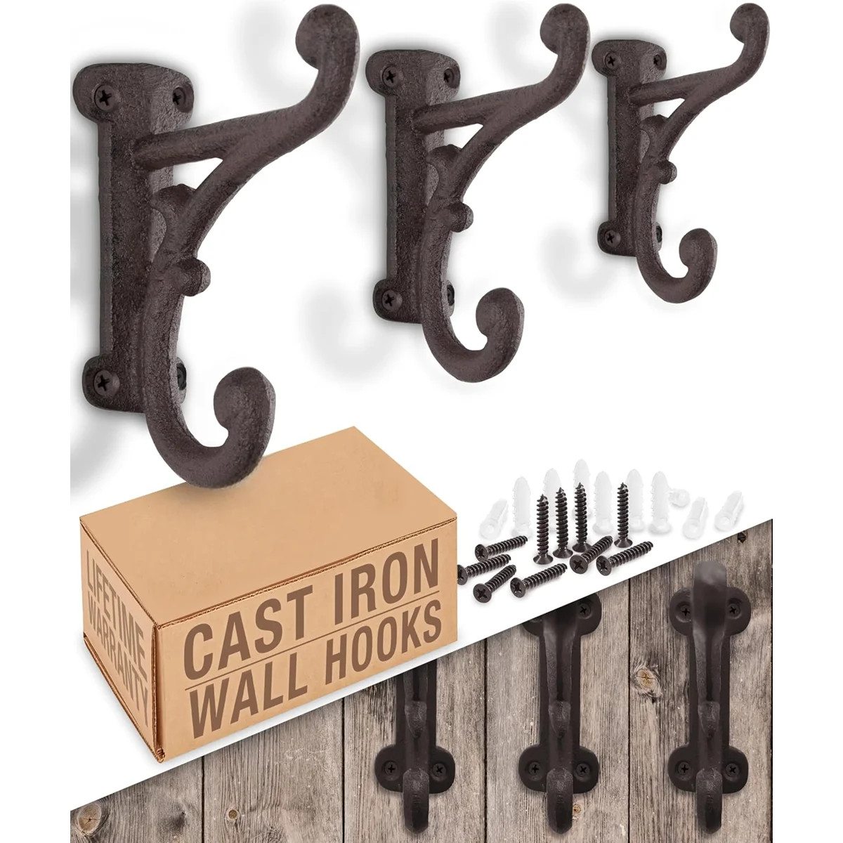 Rustic Cast Iron Coat Hooks (3 Pack) Rustic Dark Brown, Wall Mounted, Farmhouse Decorative, Heavy... | Wayfair North America