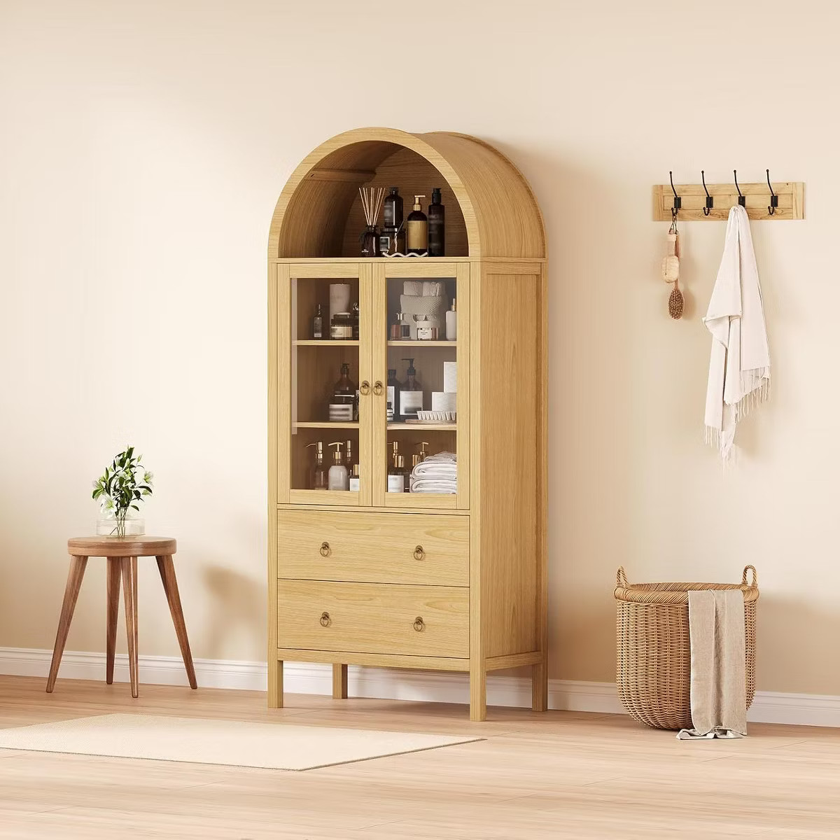 Acekool Arched Pantry Cabinet, 71" Farmhouse Display with Glass Doors & 2 Drawers, Adjustable She... | Target