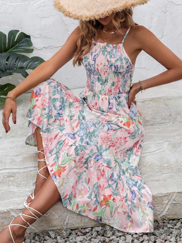 SHEIN VCAY Allover Floral Print Ruffle Hem Shirred Cami Dress
       
              
            ... | SHEIN
