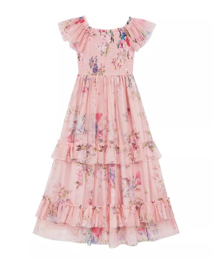 Big Girls Printed Mesh Smocked Flutter Sleeve Maxi Dress | Macys (US)