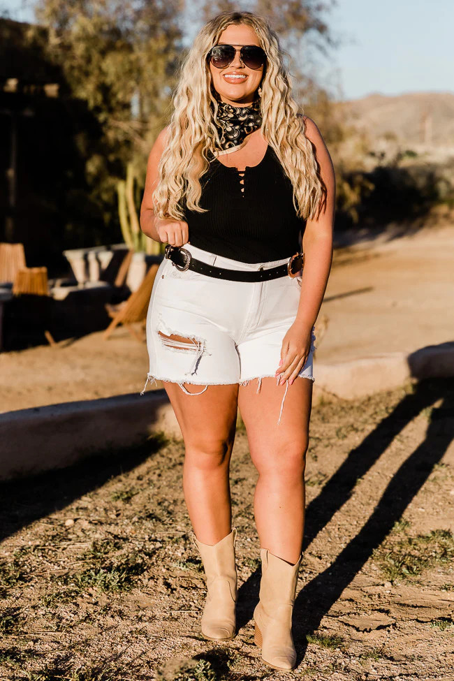 Backroad Songs Distressed High Waisted White Jean Shorts | Pink Lily