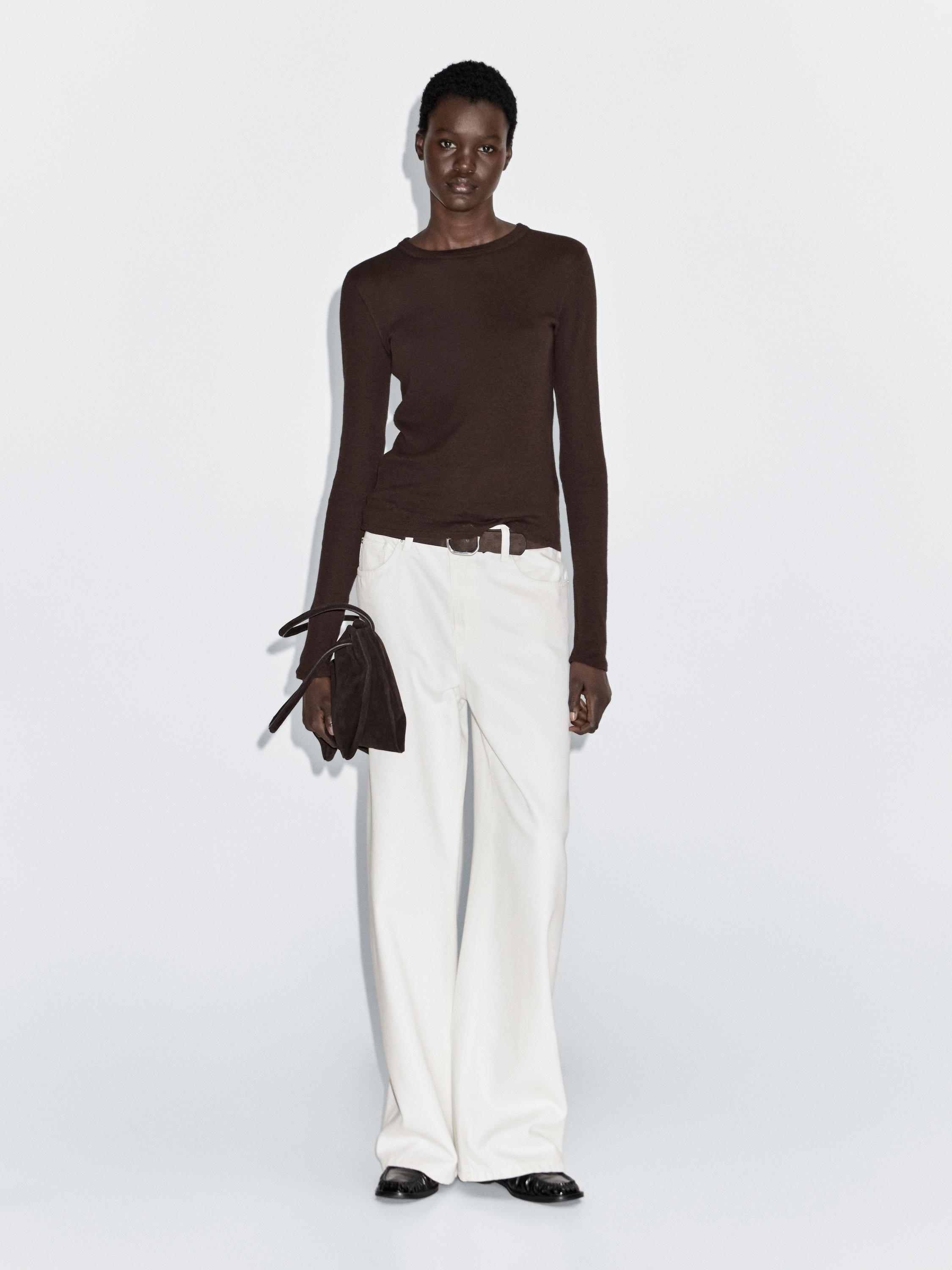 Long sleeve cotton blend T-shirt | Massimo Dutti UK