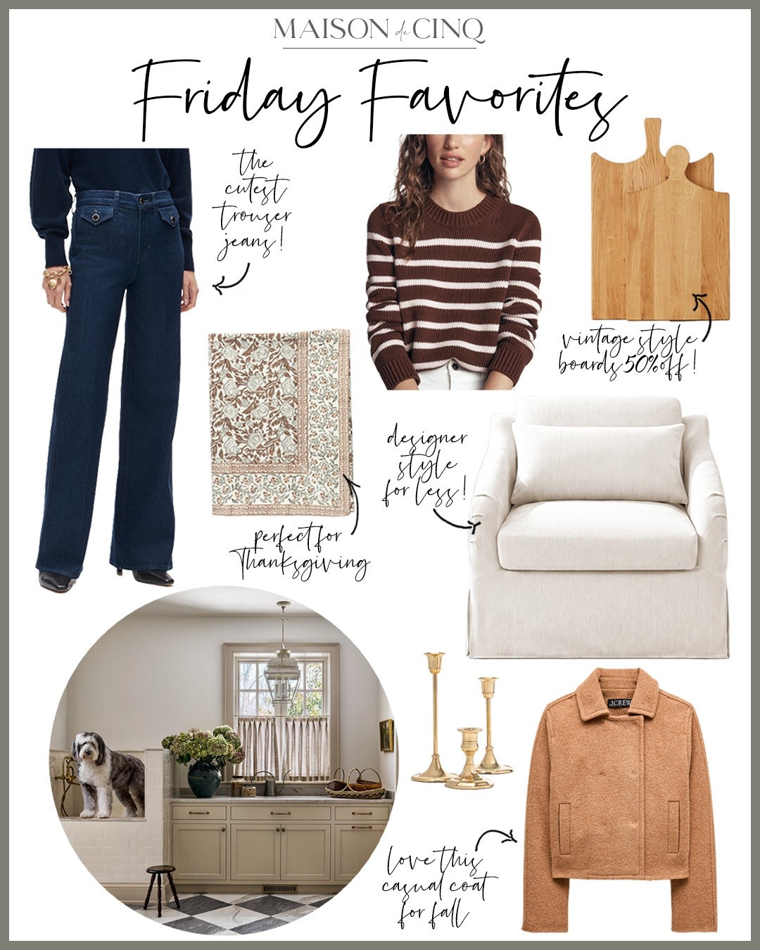 So many great finds for Friday Favorites this week including JCrew coats and jeans on sale, a designer look chair for less, Thanksgiving hosting pieces like tablecloths and napkins, the cutest striped sweater and so much more!

Home decor, fall decor, fall entertaining, tabletop, coats, wool coats, fall coat, fall jacket, candleholders, fall sweater, kitchen decor