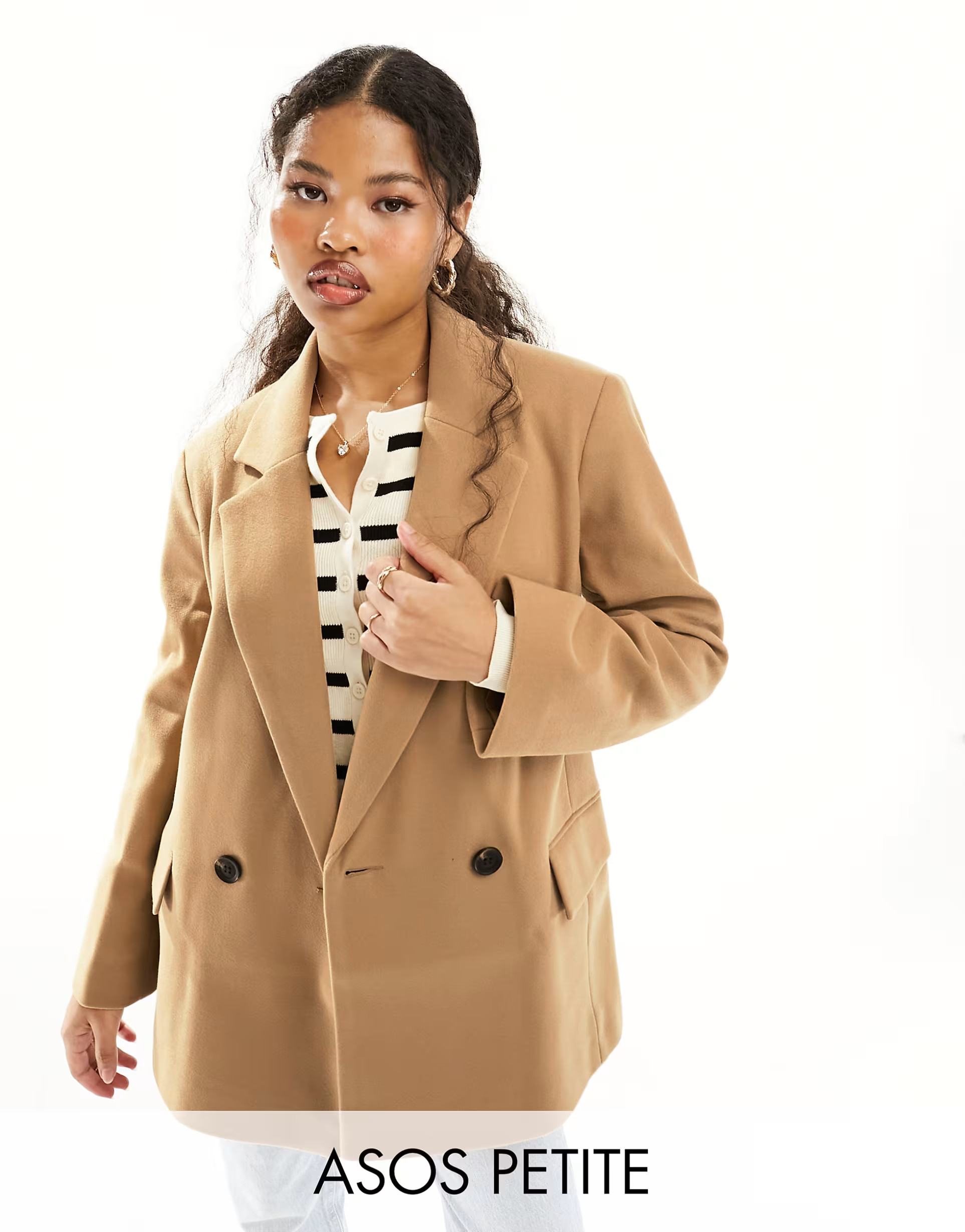 ASOS DESIGN Petite double breasted blazer coat in camel | ASOS (Global)