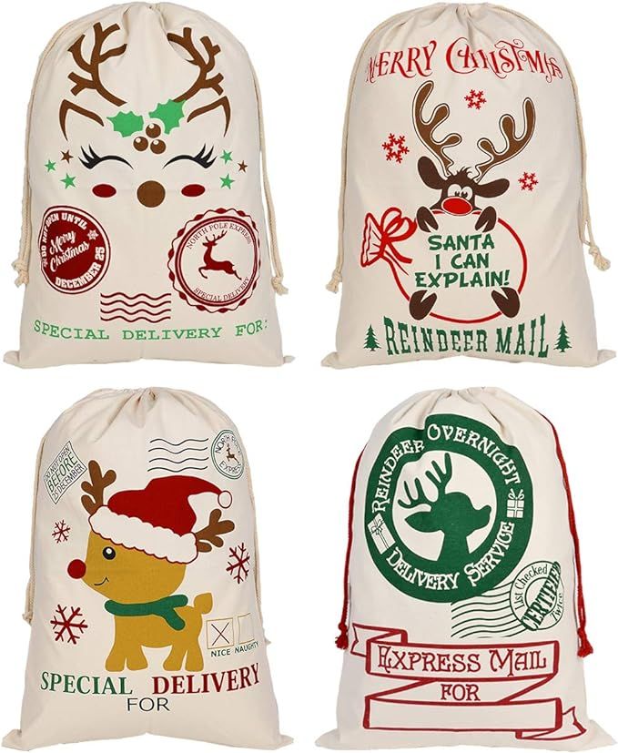 KEFAN 4 Pack Christmas Bag Santa Sack Canvas Bag for Gifts Santa Sack with Drawstrings Extra Larg... | Amazon (US)