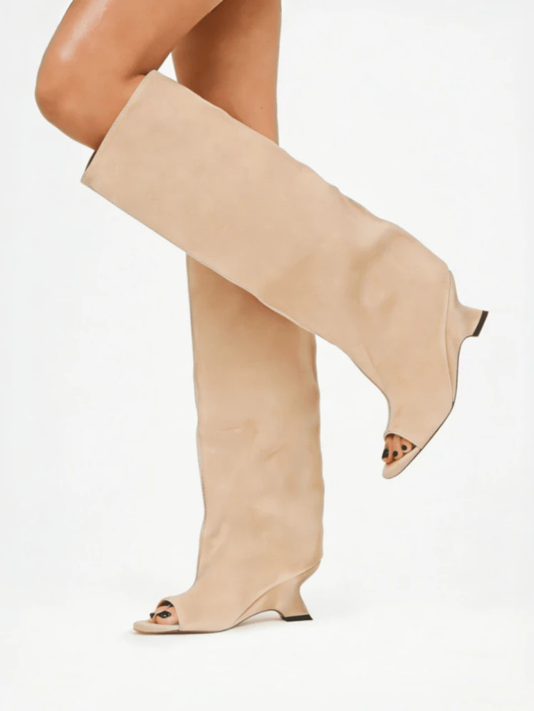Knee high boot open toe kitten heel  | SHEIN