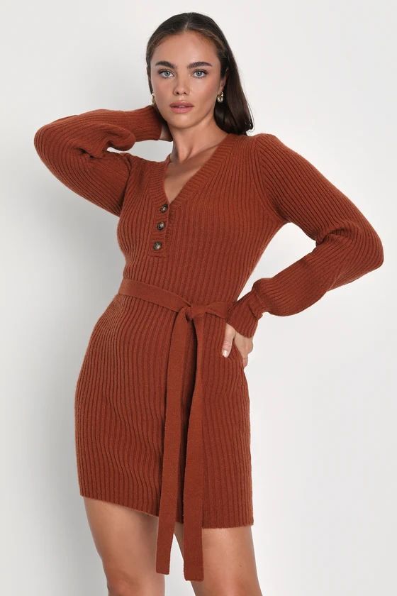 Cozy Charmer Rust Brown Long Sleeve Mini Sweater Dress | Lulus (US)