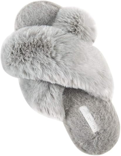 HALLUCI Women's Cross Band Soft Plush Fleece House Indoor or Outdoor Slippers | Amazon (US)