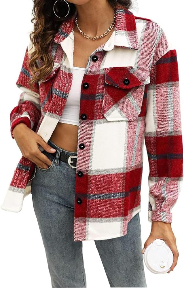 AUTOMET Womens Fall Outfits Fashion Clothes Shackets Flannel Plaid Button Down Long Sleeve Shirts... | Amazon (US)