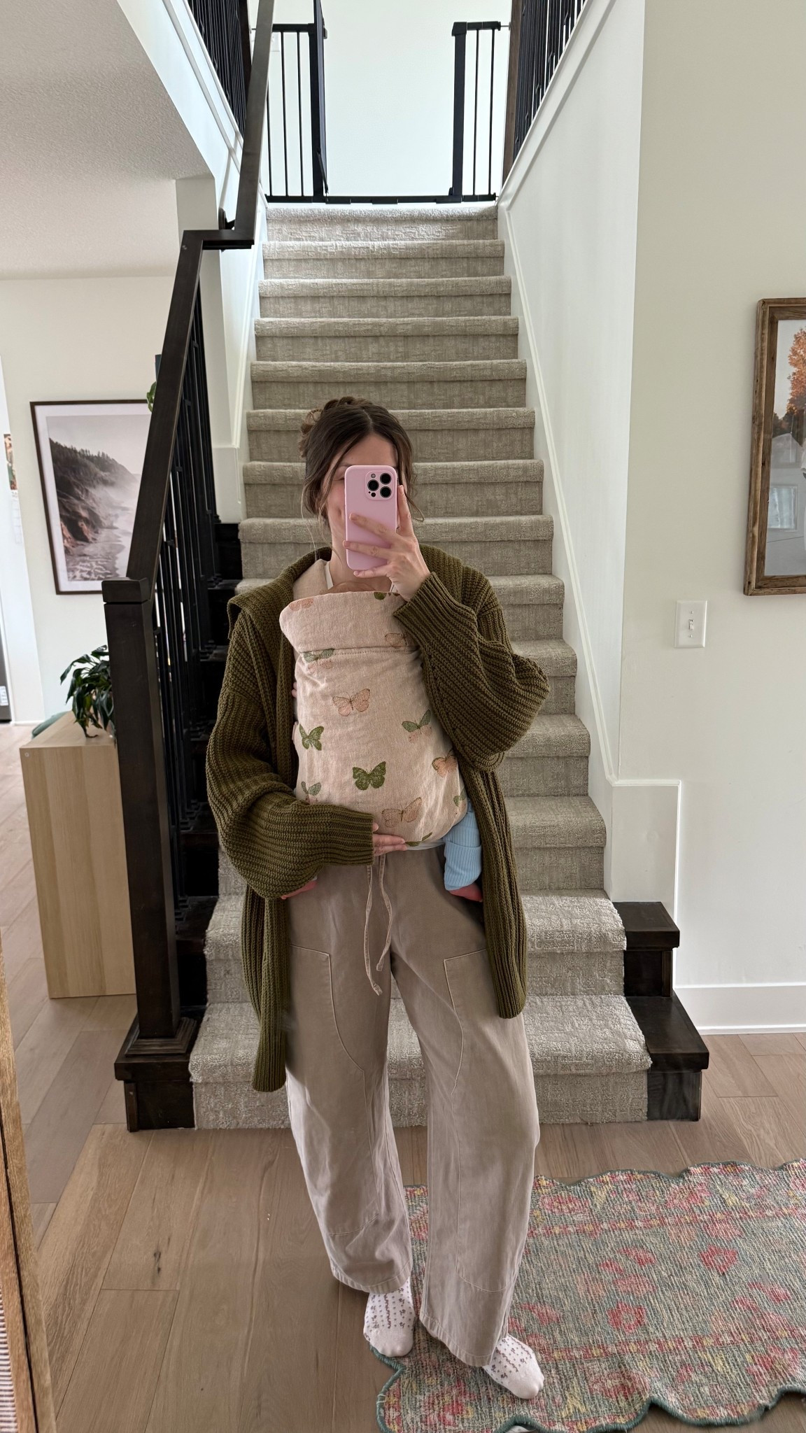 wearing a small in cardigan and pants! my favorite baby carrier after 2 months, so comfortable and comes in so many beautiful prints! This butterfly print just restocked! 

Mom outfit, babywearing, spring 

#LTKootd #LTKBaby