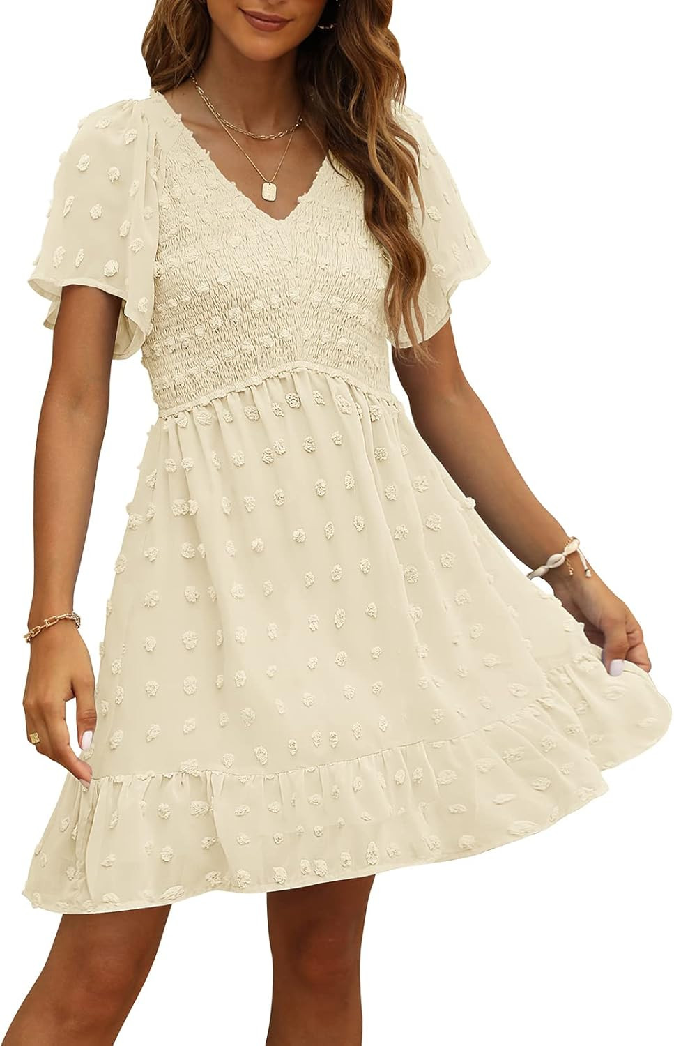 TECREW Womens Smocked Short Sleeve V Neck Mini Dress Summer Swiss Dot Flowy Short Dress | Amazon (US)