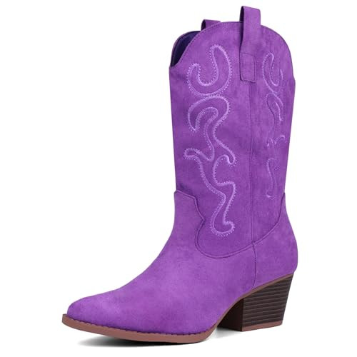 Bandkos Cowboy Boots for Women Cowgirl Mid Calf Western Embroidered Boot Low Chunky Block Heel Fa... | Amazon (US)