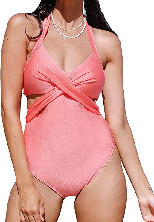 CUPSHE One Piece Swimsuit for Woman Bathing Suits Halter V Neck Push Up Cut Out Criss Cross Tie | Amazon (US)