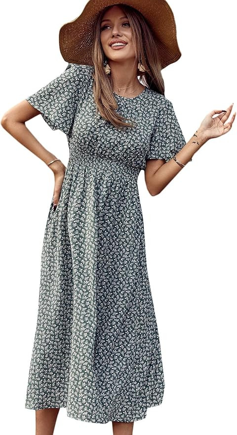 Floerns Women's Short Sleeve Boho Floral Dress A Line Smocked Midi Dress | Amazon (US)