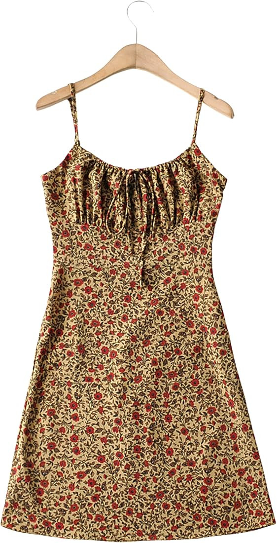 Omoone Women's Floral Dress Low-Cut Square Neck Spaghetti Strap Tie Bodycorn Dresses | Amazon (US)