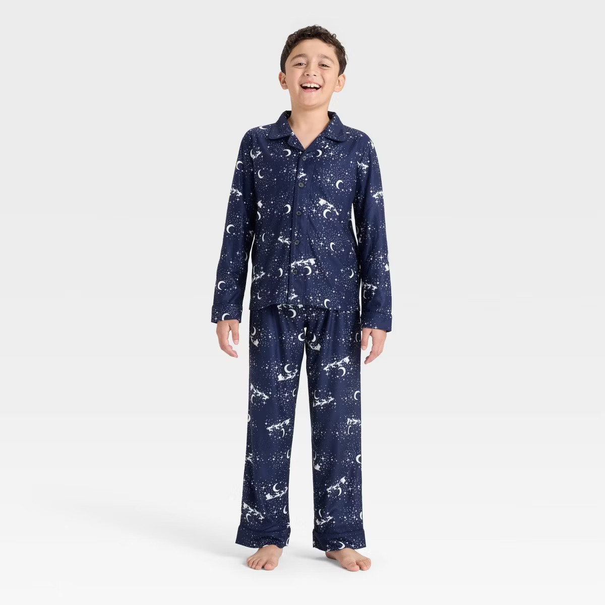 Boys' 2pc Christmas Santa Sleigh Long Sleeve Button-Down Pajama Set - Cat & Jack™ Navy Blue | Target