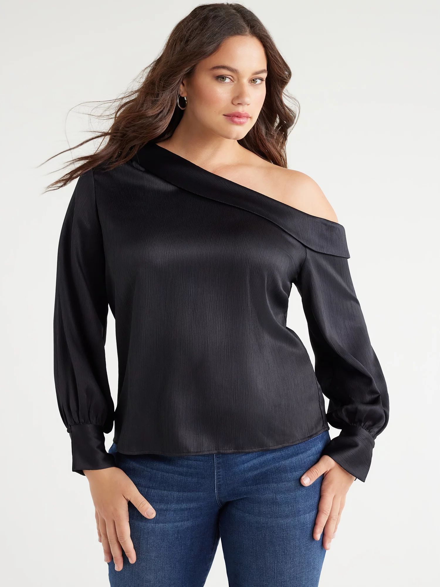 Sofia Jeans Women's Plus Size One Shoulder Textured Blouse, Sizes 1X-5X - Walmart.com | Walmart (US)