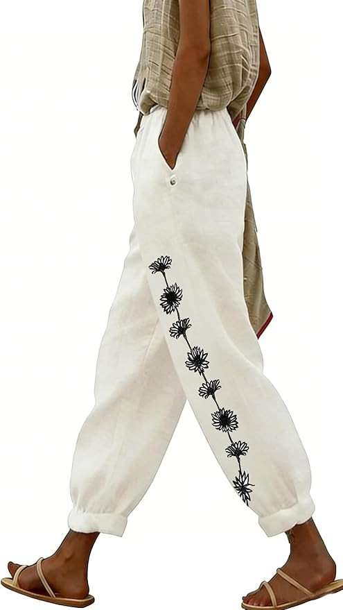 Women Linen Pants Summer 2026 High Waist Comfy Gauze Slacks Lightweight Casual Loose Trousers wit... | Amazon (US)