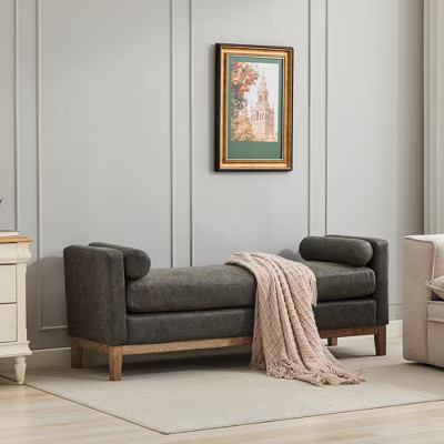 GDFStudio Daphne 66.34"W Upholstered Boucle/Faux Leather Bench with Wood Base and Bolster Pillows, Gray/Brown | Target
