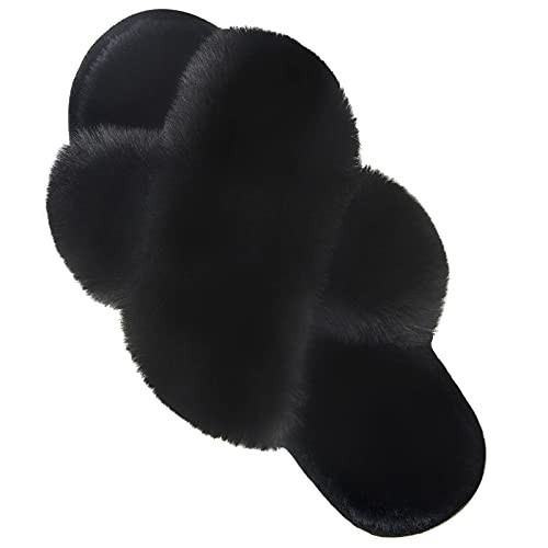Parlovable Women's Cross Band Slippers Fuzzy Soft House Slippers Plush Furry Warm Cozy Open Toe Fluffy Home Shoes Comfy Indoor Outdoor Slip On Breathable Black 5-6 | Amazon (US)