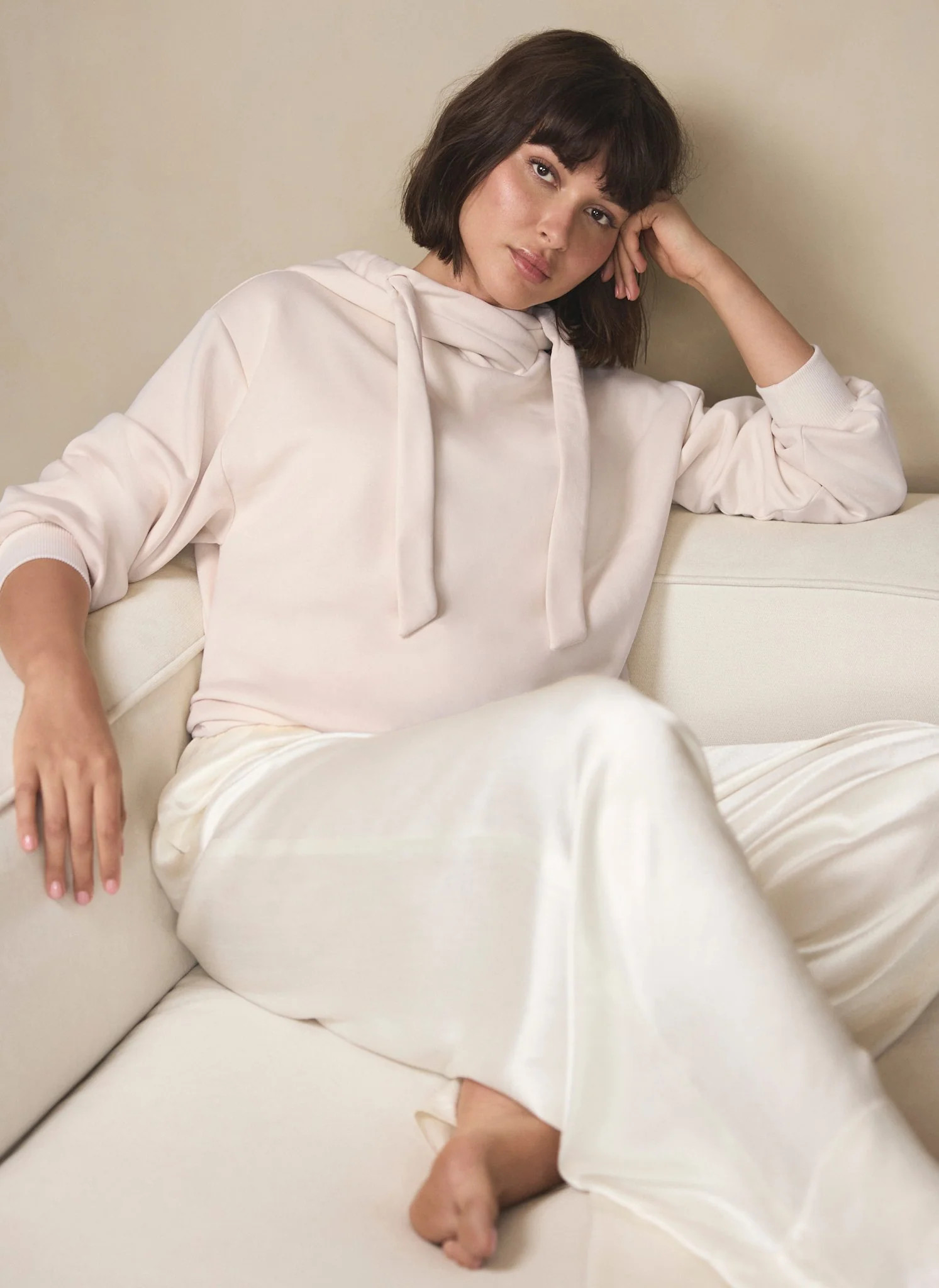 Pink Cotton Blend Cropped Bubble Hem Hoodie | Mint Velvet