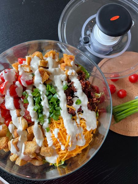 



Crispy Chicken BLT Salad!🥗 Using this must-have salad spinner for the most crunchy, fresh salad at home! #WalmartPartner @walmart 

The OXO Softworks Salad Spinner and Fruit Washer is the perfect kitchen gadget to have the freshest produce this summer! Linked in my LTK! 

Ingredients: 

5 cups romaine lettuce (chopped) 
3 cups crispy chicken (chopped) 
1/2 lb bacon (cooked and crumbled) 
2 cups shredded cheddar 
2 cups croutons 
2 cups grape tomatoes (halved) 
1/2 cup sliced green onion 
Ranch dressing 

Directions: 

1. Chop your greens and add to the basket in the salad spinner. Wash any dirt off, and then use the spin and stop feature to remove excess moisture from lettuce. (This takes 2-3 times.)
2. Dump lettuce out of the washing basket and into the serving bowl. 
3. Add chicken, bacon, cheese, tomatoes, green onion, croutons, and ranch onto the lettuce. 
4. Toss and serve! 



#liketkit @shop.ltk 
